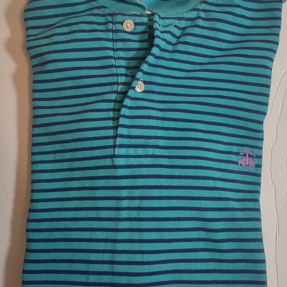 Brooks Brothers Mens Blue Teal Striped Cotton Short Sleeve Polo Shirt Large
